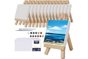 Zingarts Mini Canvases with Easel Set, Pack of 14,4” x 4” Inches Mini Canvas Boards,14pcs 5" Mini Easel and 2 Sets of Paint and Brushes, Small Canvas for Professional Kids Art Supplies