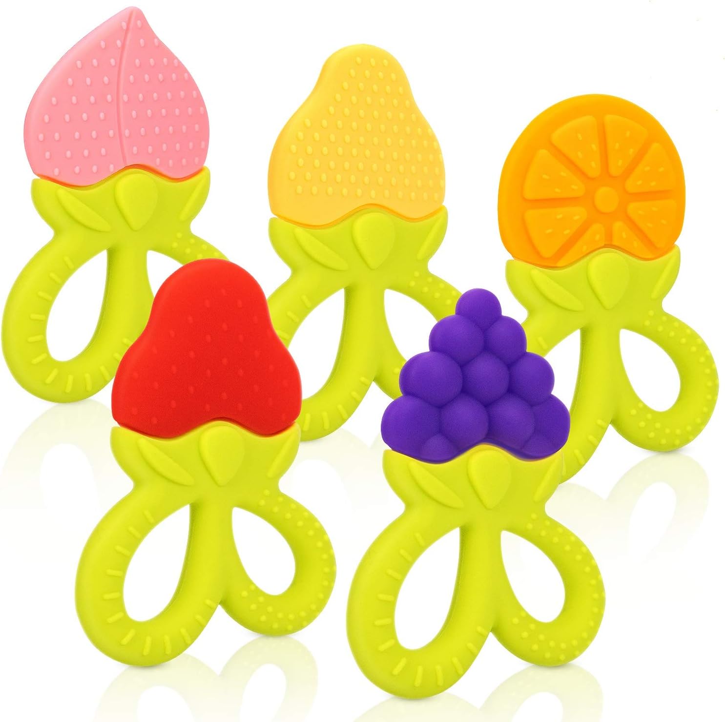 SHARE&CARE BPA Free Silicone Baby Training Massaging Toy Teether, Different Fruit Designs for 3 Months Above Infant Sore Gums Pain Relief and Healthy Oral Development, 5Pcs/Set (Scissor Handle)