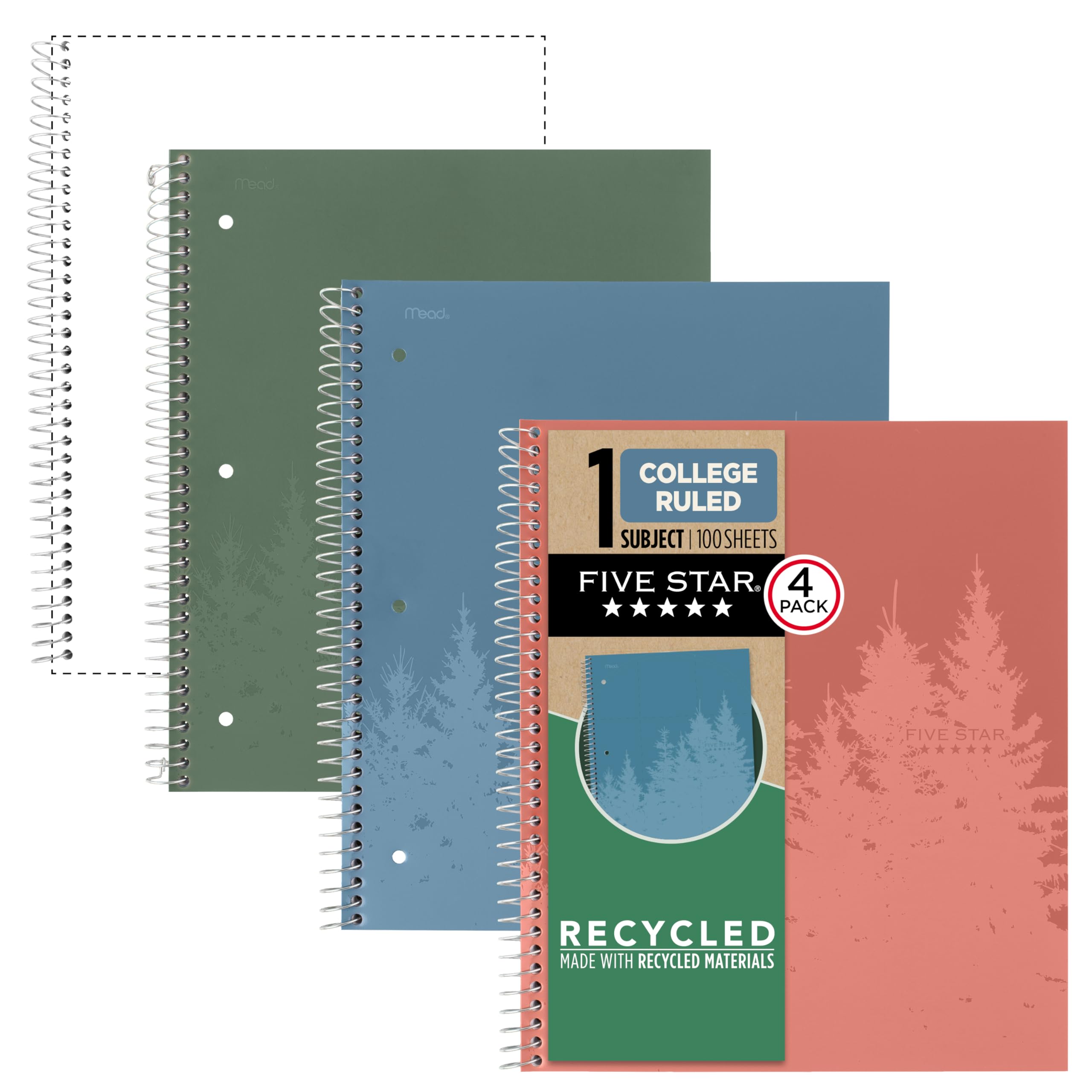 Five Star Spiral Notebooks + Study App, Recycled Cover, 4 Pack, 1 Subject, College Ruled Paper, 8-1/2” x 11", 100 Sheets per Notebook, Zion Clay, Olympic Green, Glacier Blue, Smoky Gray(820046)
