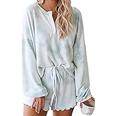 Lopie Womens Lounge Sets 2 Piece Pajamas Set Long Sleeve Tops and Shorts Sleepwear Tie Dye Printed Ruffle Nightwear (Sky Blue, XL)