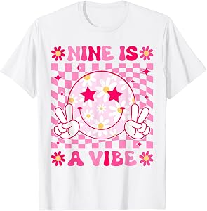 Nine is A Vibe Birthday Groovy 9 Year Old Girls 9th Birthday T-Shirt