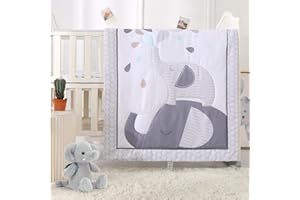 Wowelife Mini Crib Bedding Set for Boys, Premium 3-Piece Elephant Baby Bedding Set Elephant, Baby Nursery Comforter Bed Set with Crib Comforter, Skirt and Sheet, Gray