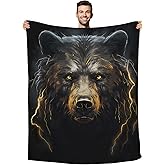 Huke Bear Gifts Blanket, Cool Black Gold Fire Lightning Bear Blanket, Bear Gifts for Adults/Kids/Students, Cool Animal Print Throw Blanket, Plush Bear Throw Blanket,60"X50"