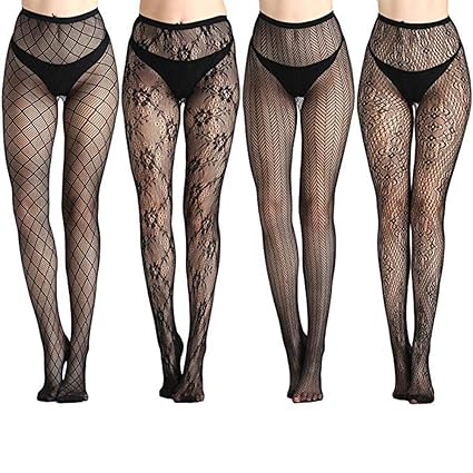 DRESHOW Damen Sexy Strumpfhosen Netzstrümpfe Spitze Strumpfhose Schwarz 4er Pack