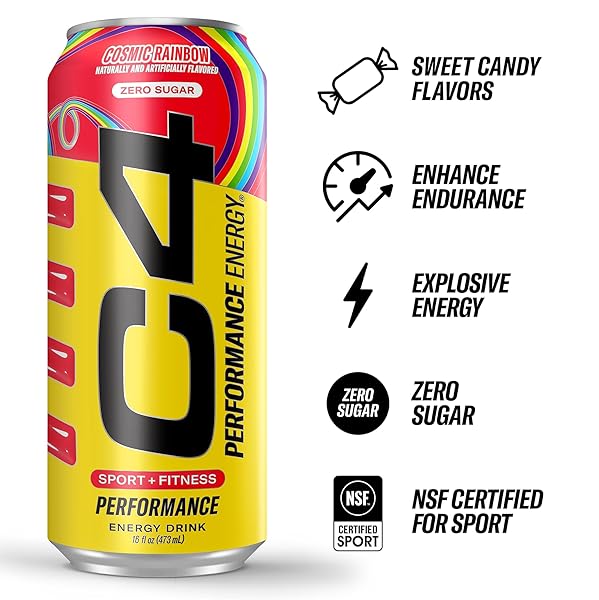 C4 PERFORMANCE ENERGY DRINK COSMIC RAINBOW, ZERO SUGAR CARBONATED PREWORKOUT ENERGY, 200MG CAFFEINE WITH BETA ALANINE, 16 FL OZ (12 PACK), PACKAGING MAY VARY