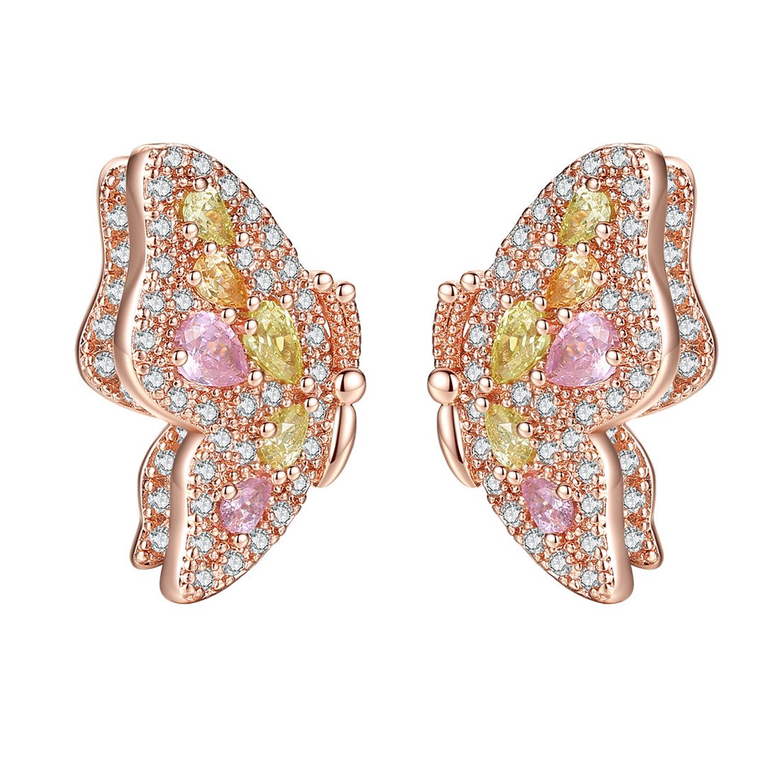 Caimeytie Butterfly Stud Earrings for Women with 2 Layers Multicolored Crystals Girls Gift valentines present