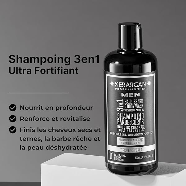 KERARGAN – 3IN1 STRENGTHENING SHAMPOO WITH HEMP OIL – STRENGTHENS HAIR, BEARD, AND BODY – REVITALIZES, NOURISHES – FOR DRY SKIN AND HAIR – SULFATE, GMO, SILICONE, MINERAL OIL-FREE – 16.9 FL OZ