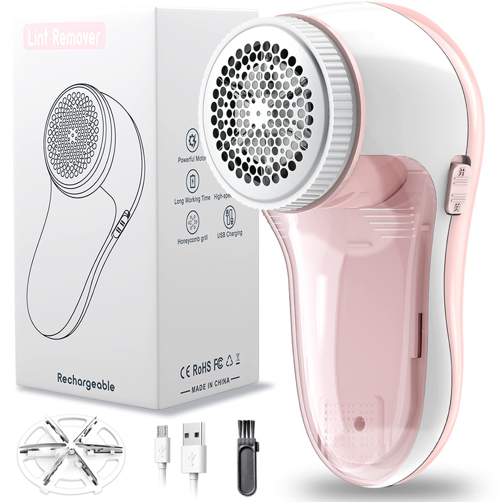 Electric Lint Remover, Lint Shaver, Electric Rechargeable with 1 Replacement Razor Blade, Portable Fabric Lint Shaver for Clothes, Furniture, Bedding, Carpet, Pink