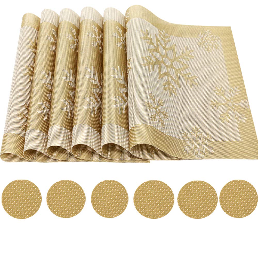 Time to Sparkle Set of 12 PCS Vinyl Woven 6pcs Placemats + 6pcs Coasters Place Mats Non slip Table Mats Waterproof Heat-resistant Dining Table Mats Decor(Gold Snowflake) — image 1