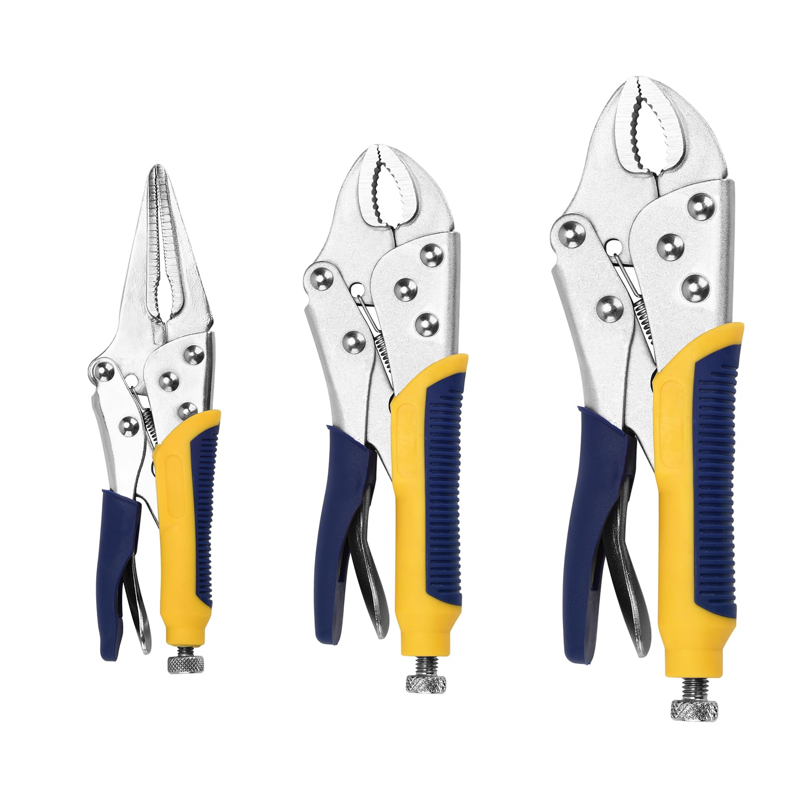 3pcs Locking Pliers Set Mole Grips, 22 cm and 19 cm Curved Jaw Locking Plier, 17 cm Long Nose Straight Jaw Curved Vise Grip Pliers Set (Blue Yellow)