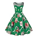 CharMma Women's Christmas Plus Size Sleeveless Illsion Neck Cat Print Party Dress (Green, XL)