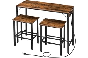 HOOBRO Bar Table and Chairs Set, 47.2" Dining Table Set with Power Outlet, 3-Piece Pub Table Set, Kitchen Bar Height Table with Stools of 2, Space Saving for Living Room, Rustic Brown BF46UBT01