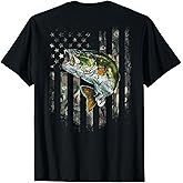(Art on Back) American Flag Camo Bass Fish Fishing T-Shirt