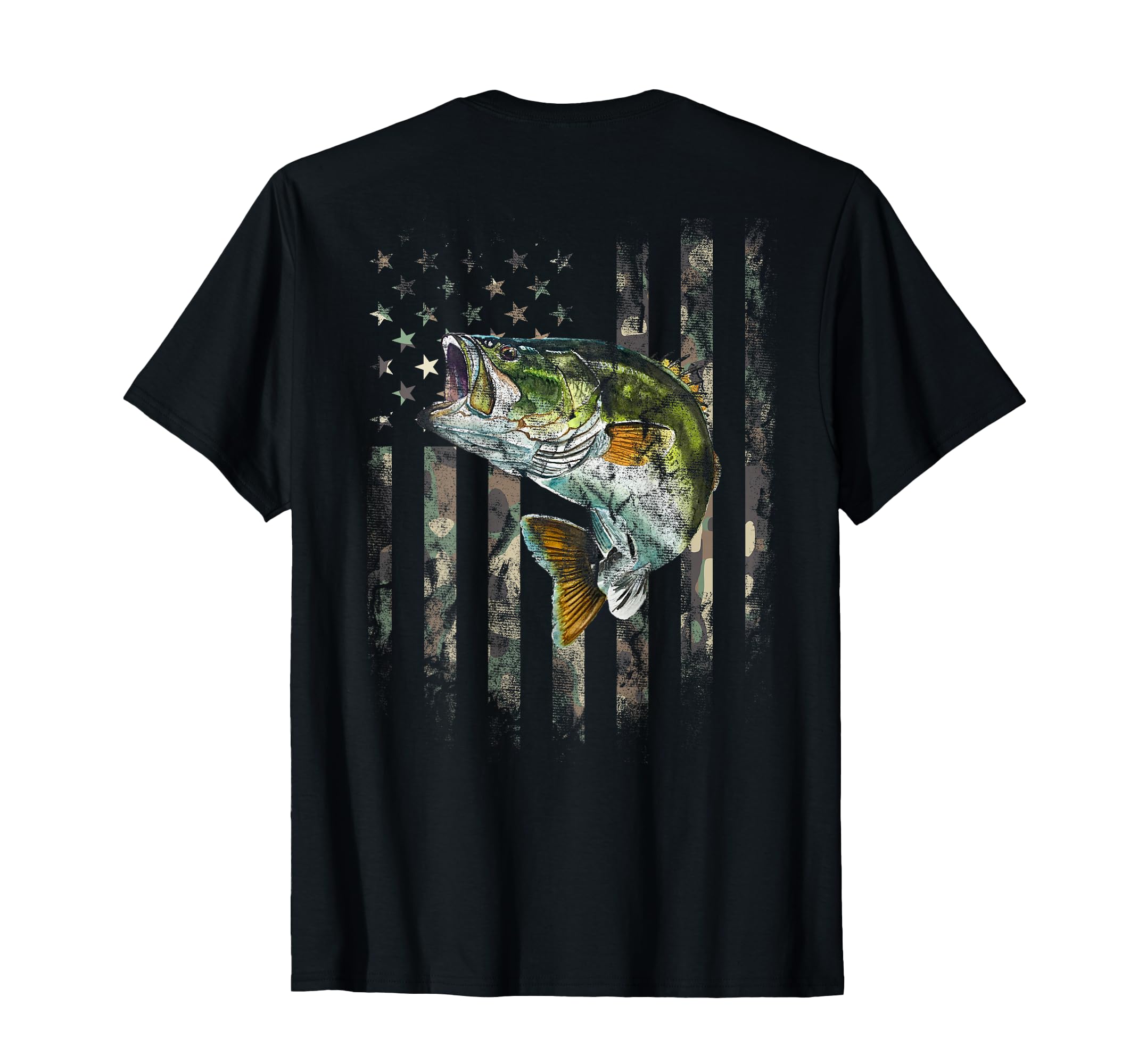 Photo 1 of (Art on Back) American Flag Camo Bass Fish Fishing T-Shirt