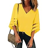 LookbookStore Women's V Neck Mesh Panel Blouse 3/4 Bell Sleeve Loose Top Shirt