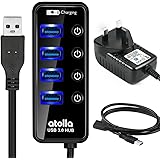 Atolla 4 ports USB 3.0 Hub SuperSpeed Data Transmission with On Off Switch + 1 Charging Port with 15W(5V/3A) Powered Supply Adapter and 1M USB 3 Extension Cable