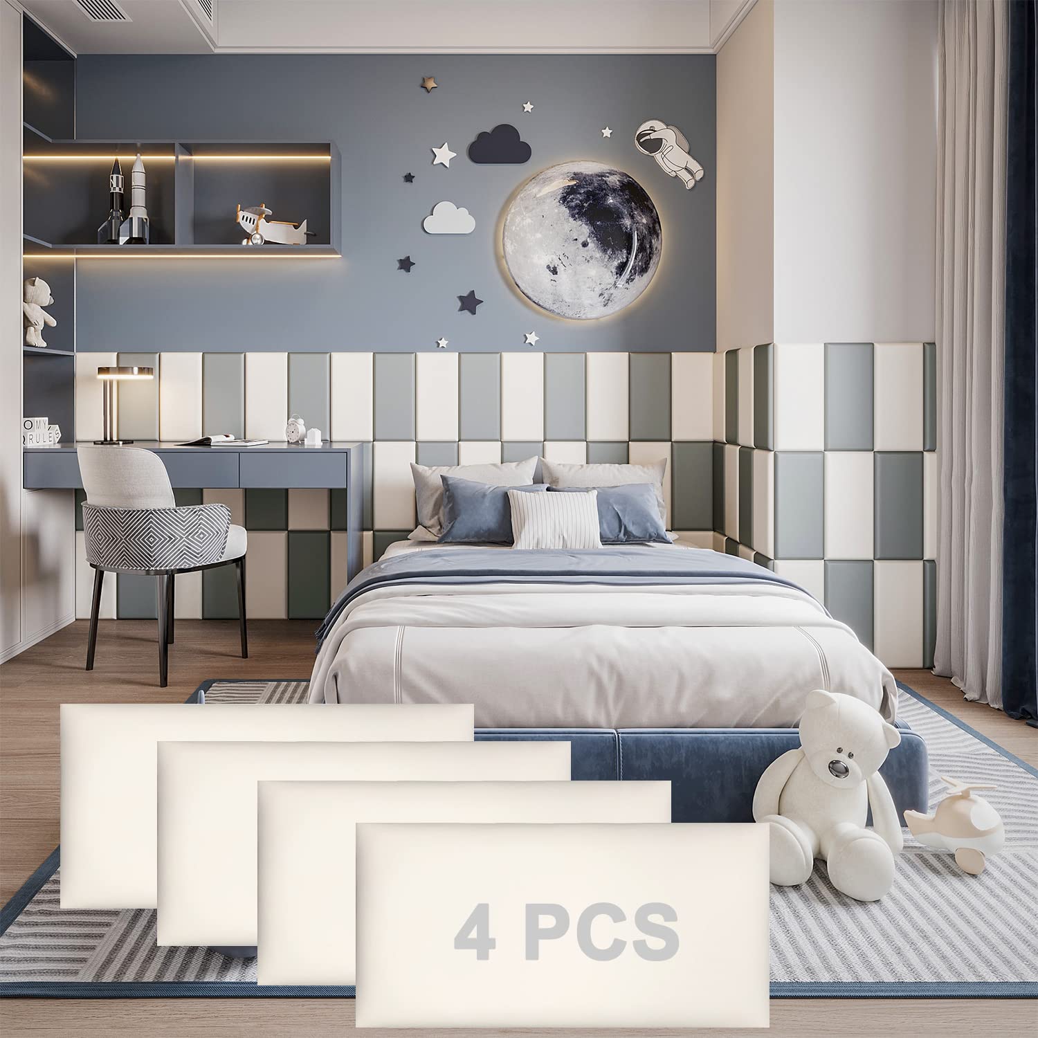 Photo 1 of YLL YLL Peel and Stick Headboard White Upholstered Wall Panels Pack of 4 Panels 3D Anti-Collision Wall Padding Wall Mounted headboard Soundproof Wall Panels