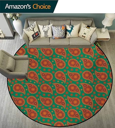Amazon エスニックフロアマット マンダラエスニックボヘム風の緑の背景イメージアート印刷するカーペット 丸 最新技術のカーペット多色のオレンジ色の 花柄 直径 180cm ラグ カーペット オンライン通販