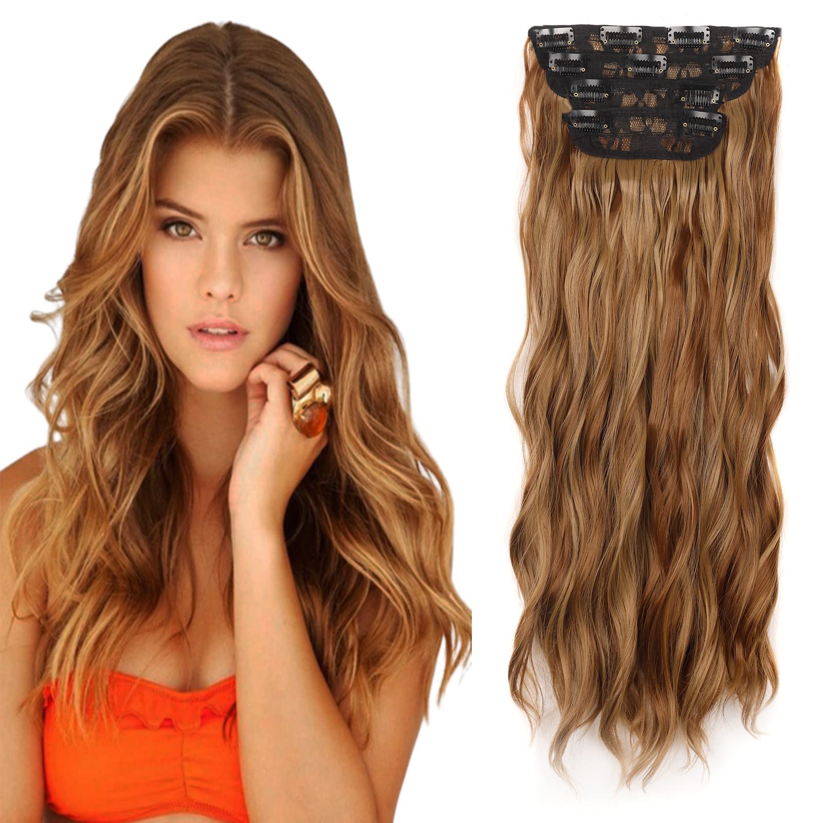 Cybelleza Clip in Hair Extensions Long Curly Wavy Hair Extension 4PCS Light Brown Mix Natural Blonde Thick Full Head Hairpieces Synthetic Fibre for Women,22inch 180g — image 1