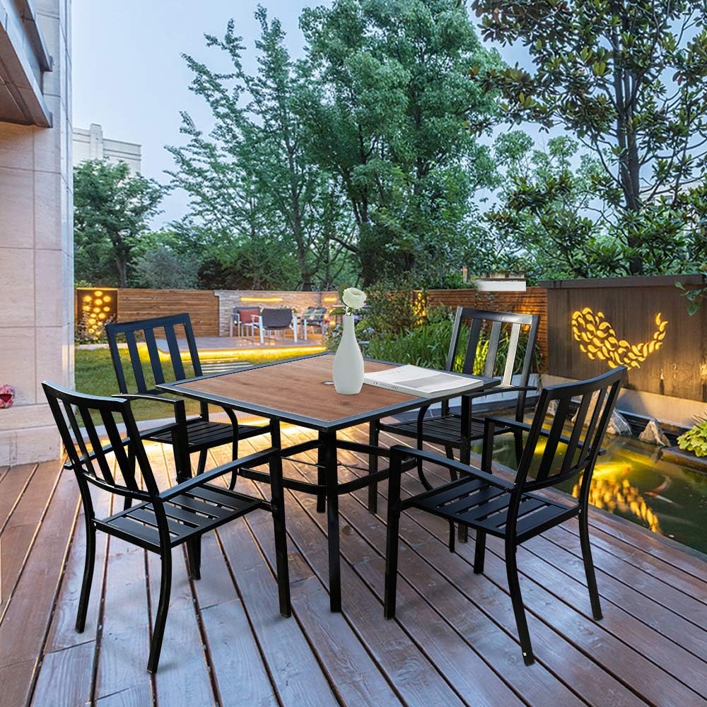 EMERIT Outdoor Patio Dining Table Square Metal Table with Umbrella Hole and Wood-Like Tabletop: Kitchen & Dining