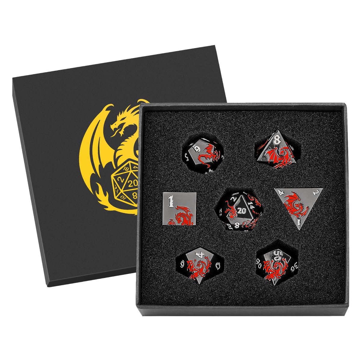 Metal Dice Set, Flat Face Black Red Dragon Pattern, 7pcs Polyhedral Metal DND Dice Set, DND Starter Set, D&D Gifts with Gift Box, Role Playing Board Games Accessories, Black