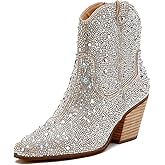 Yallmay Rhinestone Booties for Women, Sparkly Cowgirl Boots Pointed Toe Chunky Heel Rhinestone Cowboy Ankle Booties