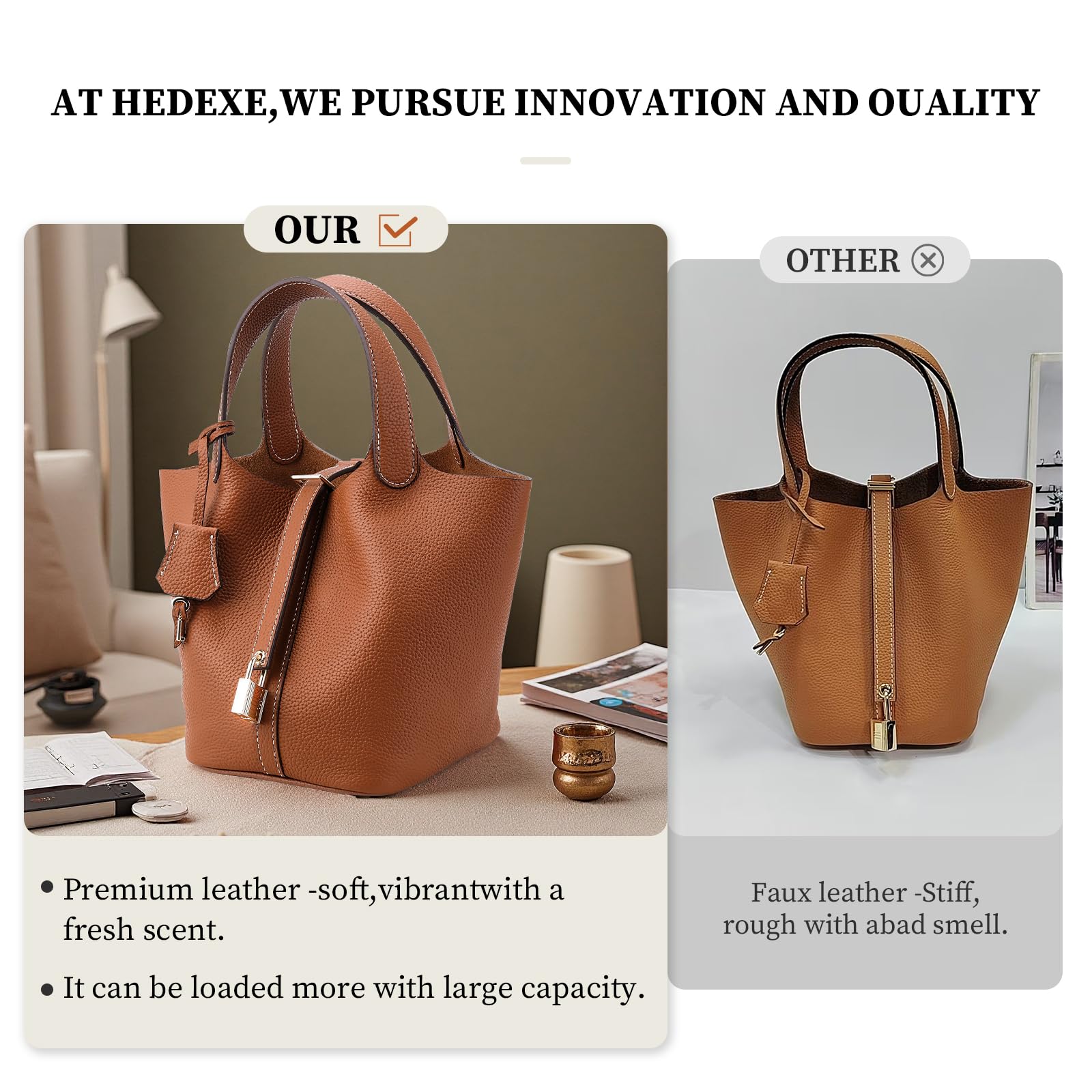 Designer Leather Bucket Bags for Women: Trendy Genuine Leather Tote Purses - Luxury Satchel Top-Handle Handbags for Travel