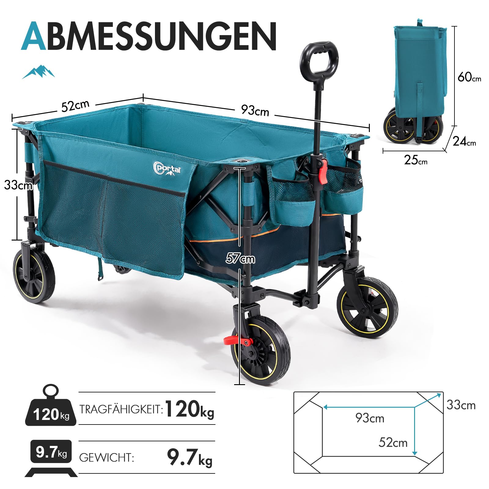 Portal Bollerwagen faltbar XXL Große Ladefläche 120kg belastbar Handwagen mit Getränkehalter Seitentasche Transportwagen Leiterwagen klappbar Strandwagen Faltwagen für Garten Camping Festival 4