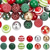 SUNNYCLUE 48Pcs Christmas Bubblegum Beads 20mm Chunky Bead Bulk Acrylic Resin Colorful Gum Ball Rhinestone Chunk Round Striped Beadable Pens Beads for Jewelry Making Pen Beading Bracelet Supplies