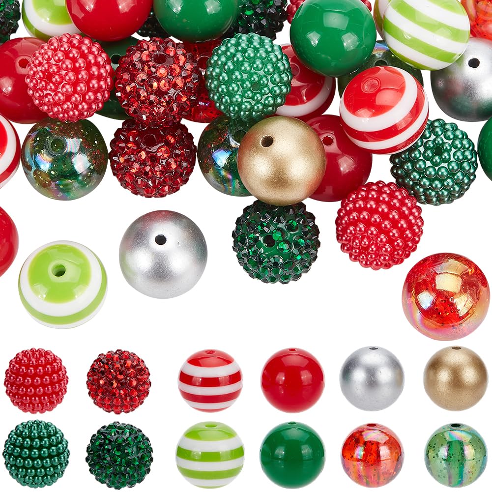 Photo 1 of SUNNYCLUE 48Pcs Christmas Bubblegum Beads 20mm Chunky Bead Bulk Acrylic Resin Colorful Gum Ball Rhinestone Chunk Round Striped Beadable Pens Beads for Jewelry Making Pen Beading Bracelet Supplies