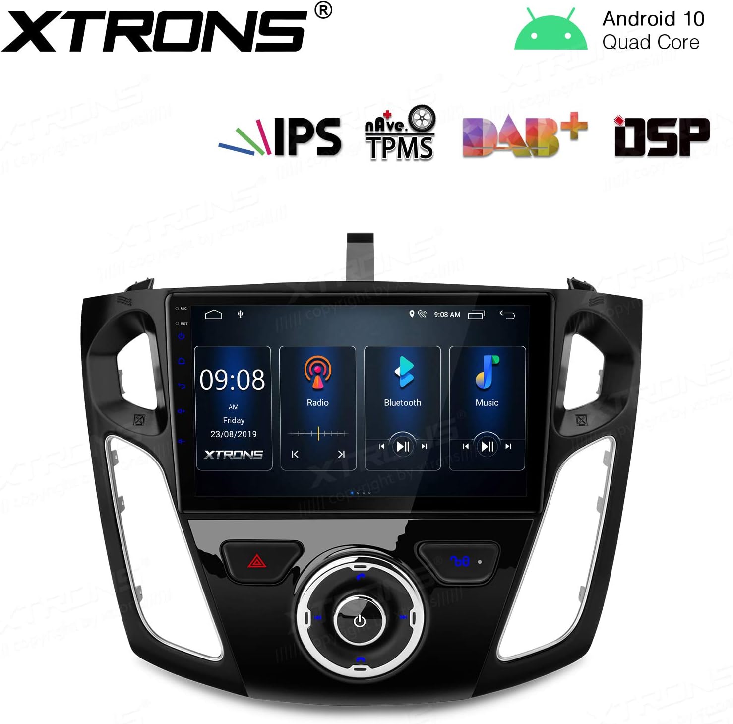 XTRONS Android 10.0 Car Stereo Radio Player 9” IPS Touch Screen GPS Navigation Built-in DSP Bluetooth Head Unit Supports Android Auto Full RCA Backup Camera WiFi OBD2 DVR TPMS for Ford Focus 2012-2017