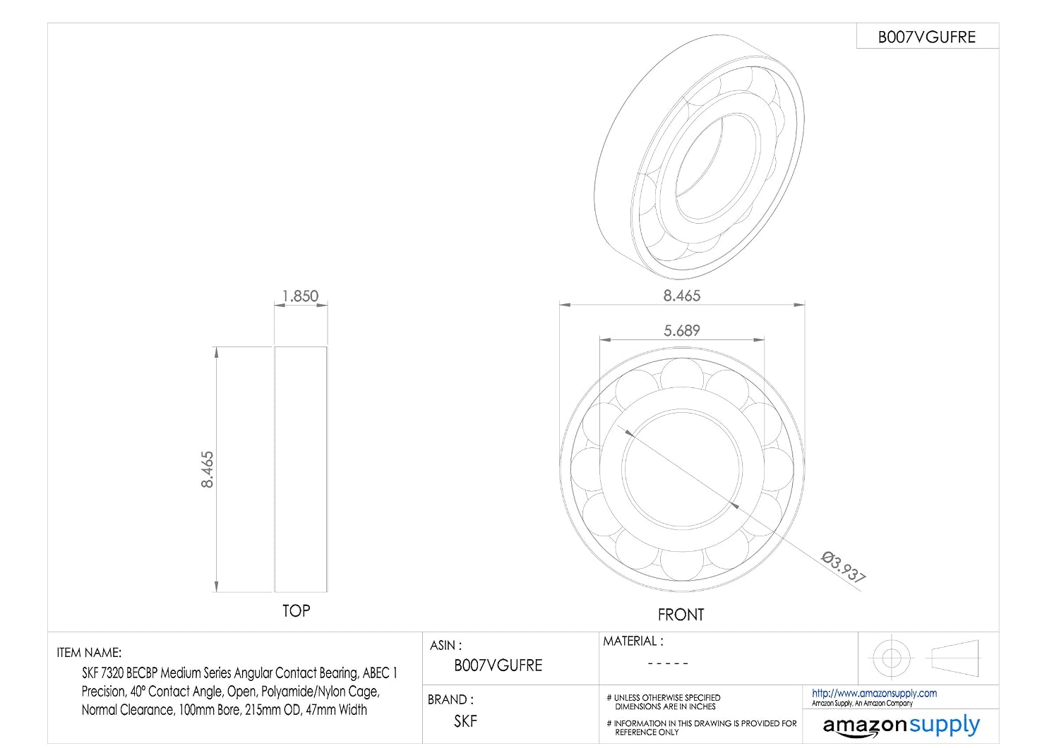 SKF 7320 BECBP Angular Contact Radial Ball Bearing, steel - Image 3