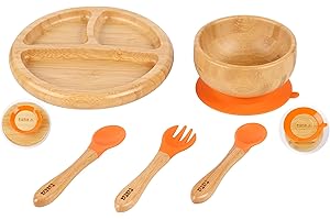 TATA AMG ® Bamboo Baby Plate and Bowl Set with Spoons and Fork for Babies | Bamboo Toddler Plates | Bamboo Suction Plate and Bowl Set for Babies | Baby Led Weaning Feeding Set - BPA Free