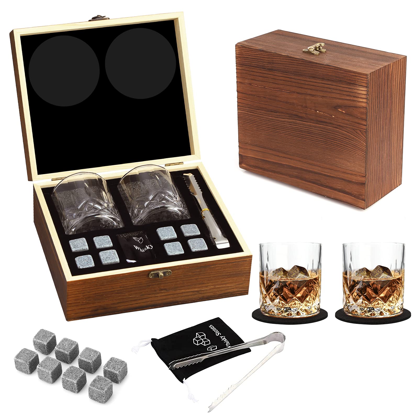 Whiskey Stones and Glasses Gift Set, BENBOR 18 Whisky Scotch Bourbon Chilling Stones, 2 in Wooden Box, Father's Day/Christmas/Valentine's Day/Birthday Gift for Men, Dad, Husband, Brown, 23x21.5x11cm