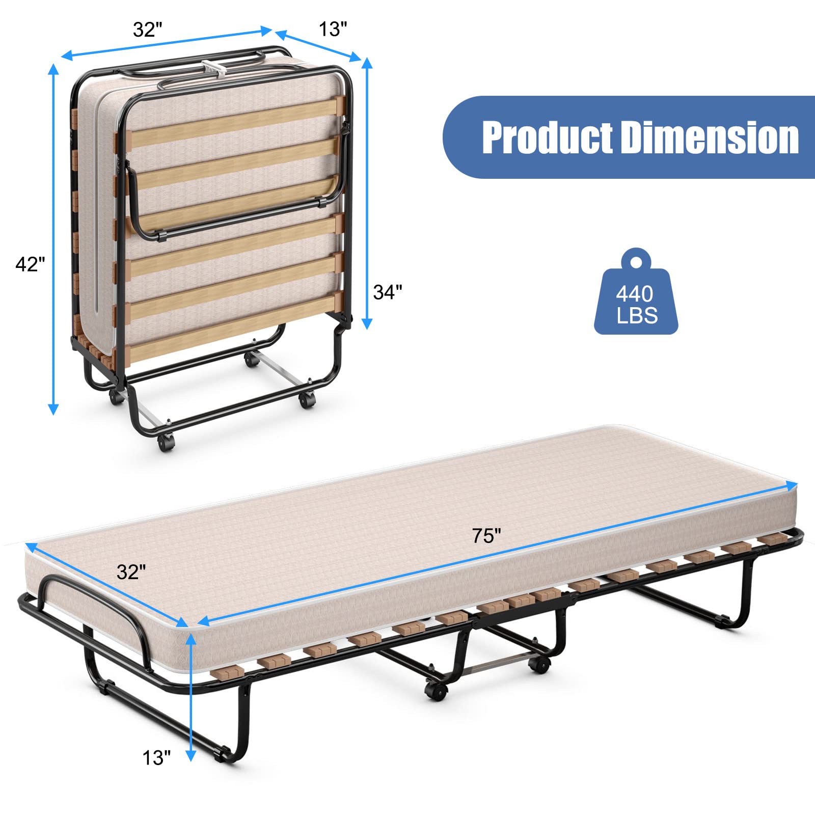 KOMFOTT Folding Rollaway Bed with Mattress, Foldable Bed with Memory