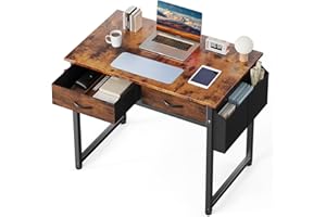 DUMOS 32" Home Office Computer Desk with Drawers, Small Gaming Writing Study Table with Storage Side Bag, Headphone Hook and Adjustable Feet for Bedroom Rustic Brown