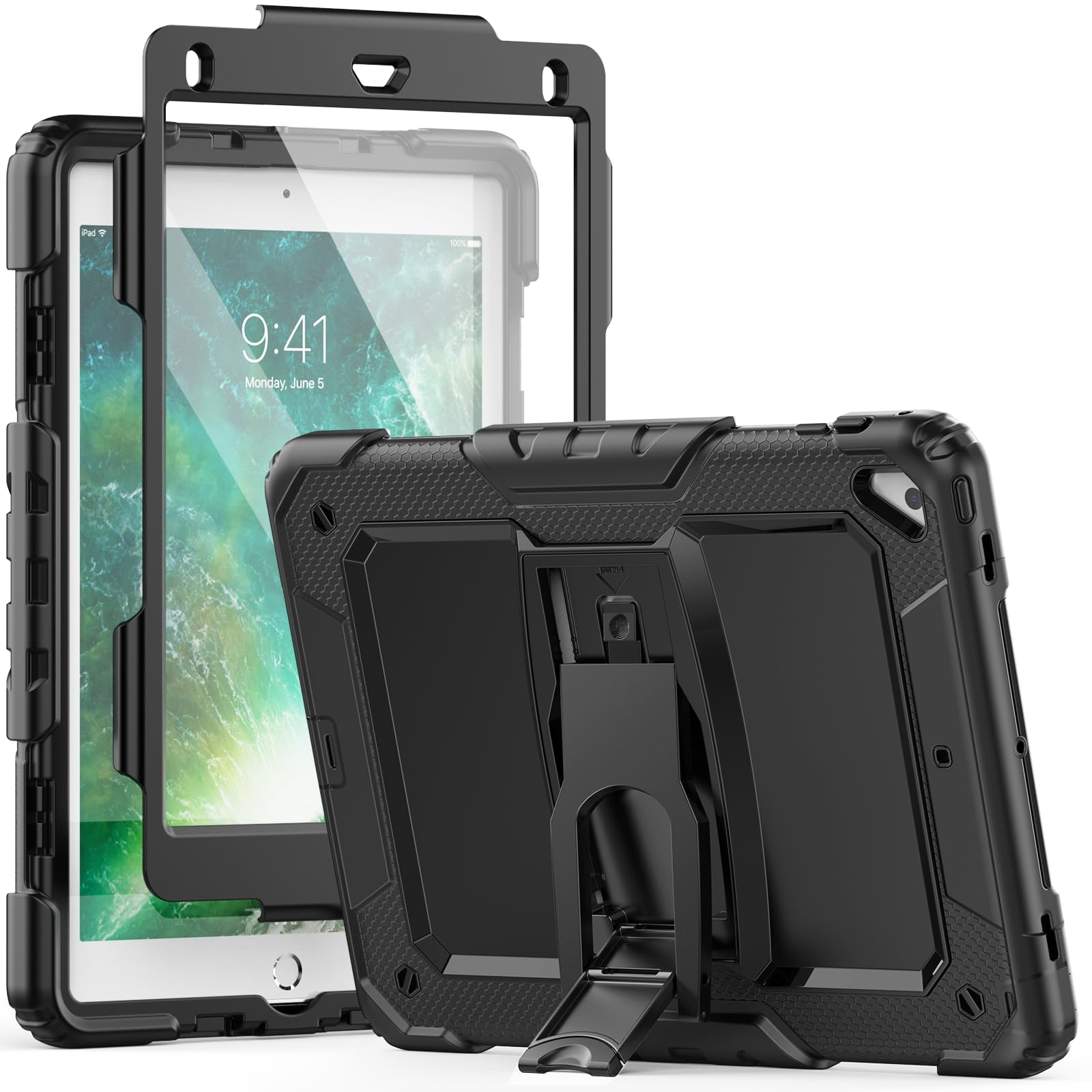 SEYMCY Case for iPad 6th/5th Generation 2018/2017, iPad Air 2 2014, iPad Pro 9.7 Inch 2016, 3 Layer Full Body Shockproof Drop with Folding Stand, Screen Protector, Black