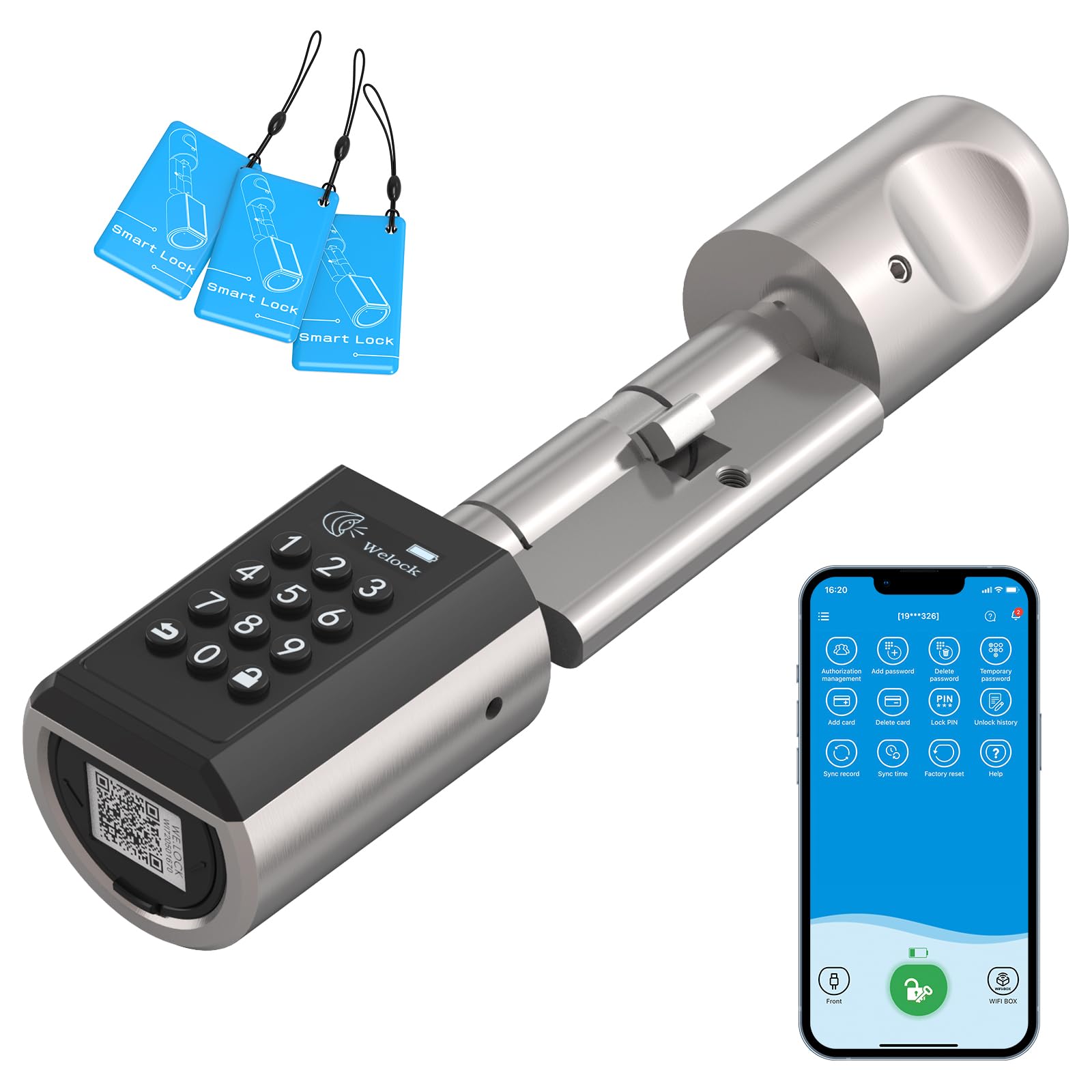 WELOCK Smart Lock, Keyless Entry, for Front Door, Waterproof Digital Keypad with App and Smart Card, Adjustable Length for 50-100mm Door