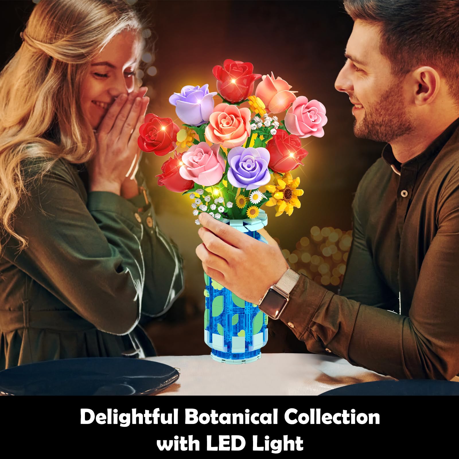 CUBIMANA Rosen-Blumen-Bausatz mit Vase und LED-Licht, 16 Mini-Blumensträuße, botanisches Bausteinspielzeug für Erwachsene, Muttertagsgeschenk, künstliche Blumen als Heimdekoration und Ausstellung 2