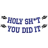 Holy Sh*t You Did It Banner, Blue Glitter Congrats Grad Bunting Sign, 2026 Senior/High School/College/University Graduation Party Decorations Supplies