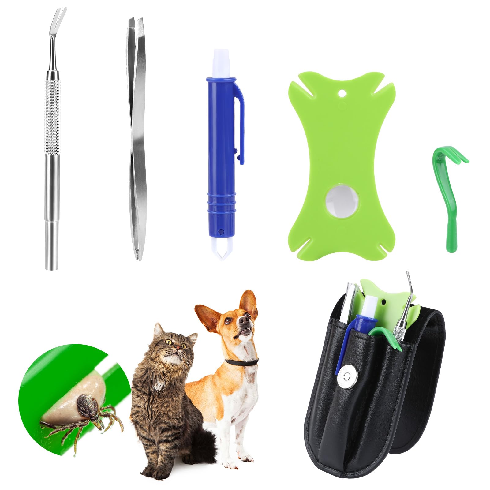 ELIAUK Tick Tweezers 7 in 1 Set with Case and Tick Card, Tick Tweezers for Dogs, Cats, Horses, People, Pets, Animals