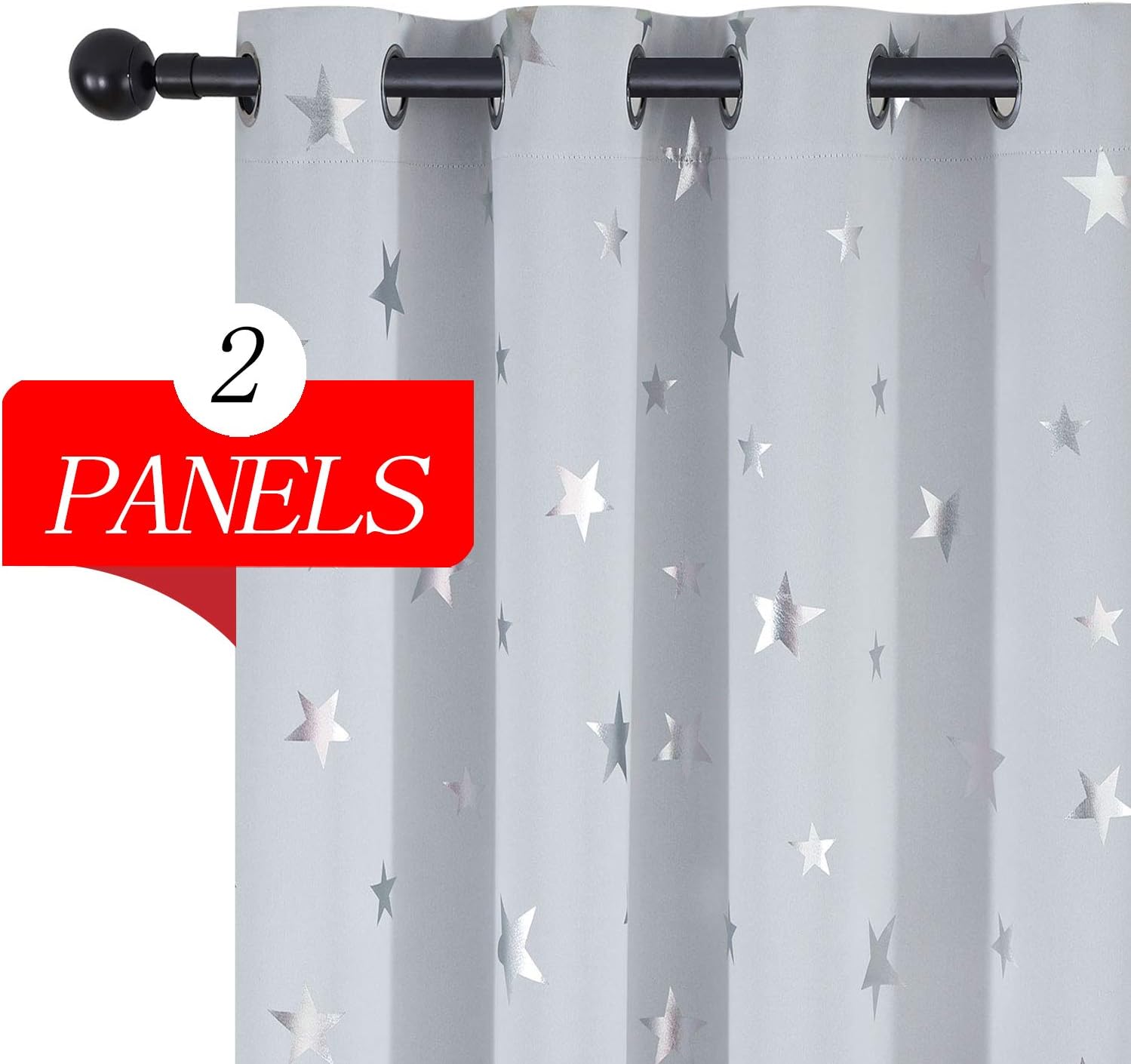 Estelar Textiler White Curtains Star Print Pattern Blackout Thermal Insulated Window Curtains for Kids Room Greyish White 38W×63L Inch Length Set of 2