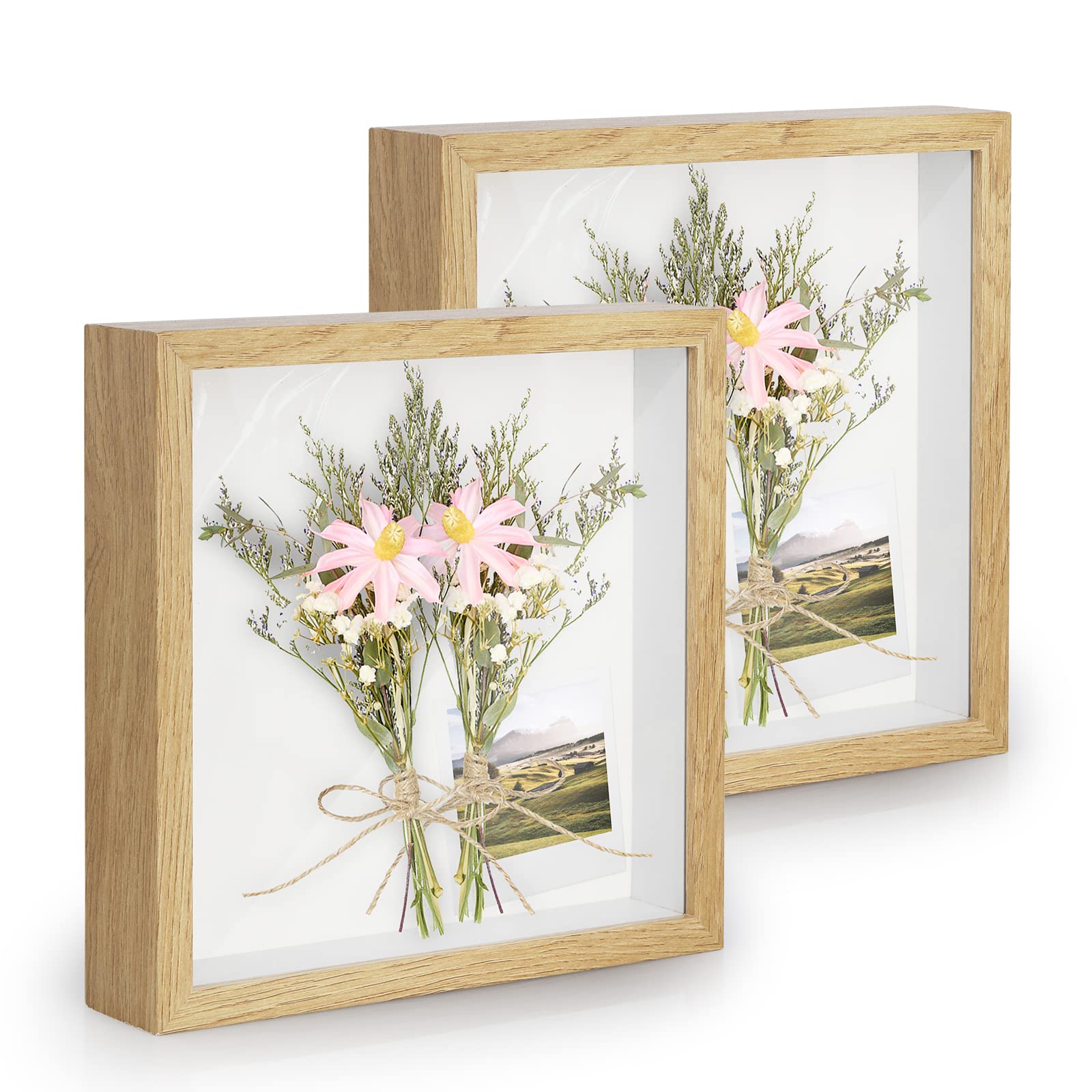 Photo 1 of Anhow 2pcs 8x8 Shadow Box Frame, 3D Picture Frame Display Cas with Real Transparent Glass for Photos, Memorabilia, Crafts, Souvenir, Wedding Memories, Baby Items - Natural Wood/ 1.2 Inch Depth