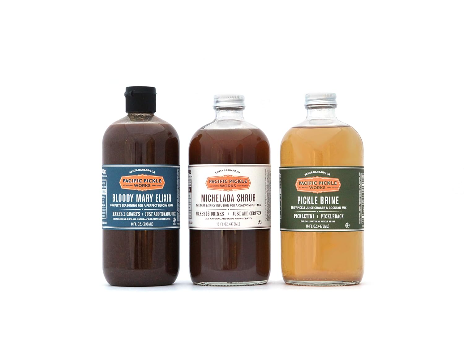 West Coast Savory Cocktail Mixers - Bloody Mary Elixir, Michelada Shrub and Pickle Brine (16oz Bottle, 3-pack)