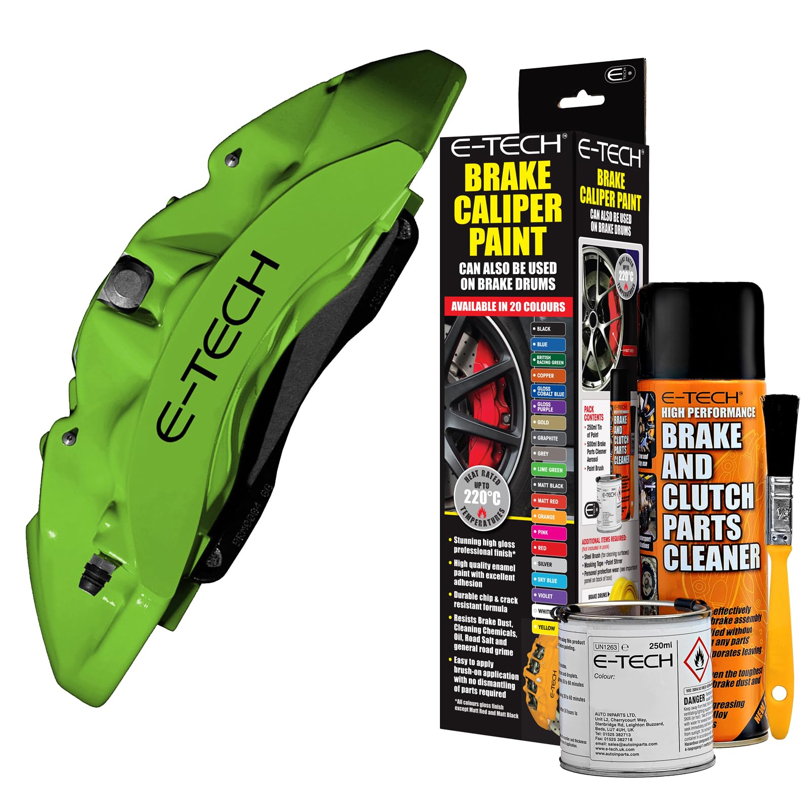 E-TECH Lime Green Brake Caliper/Drum Paint - EBCP-GR - Complete Kit Inc Paint/Cleaner & Brush
