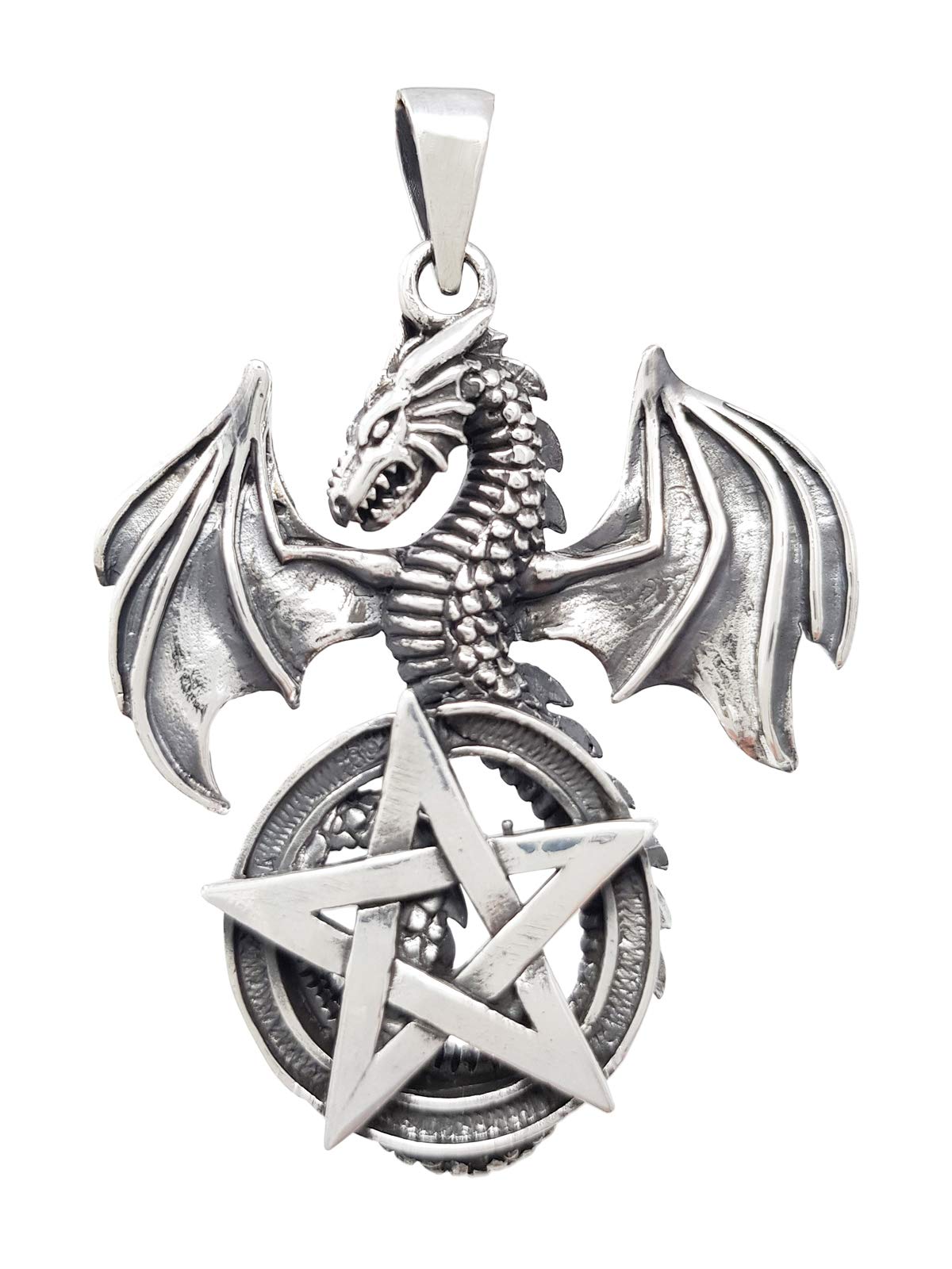 Treasure Bay Mens 925 Sterling Silver Intricate Flying Dragon Pendant with Pentagram For women and men