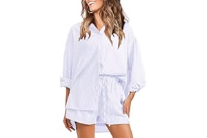 EXLURA Women's Summer 2 Piece Outfits Long Sleeve Button Down Shirts Matching Short Sets Oversized Lounge Pajama Workout 2024