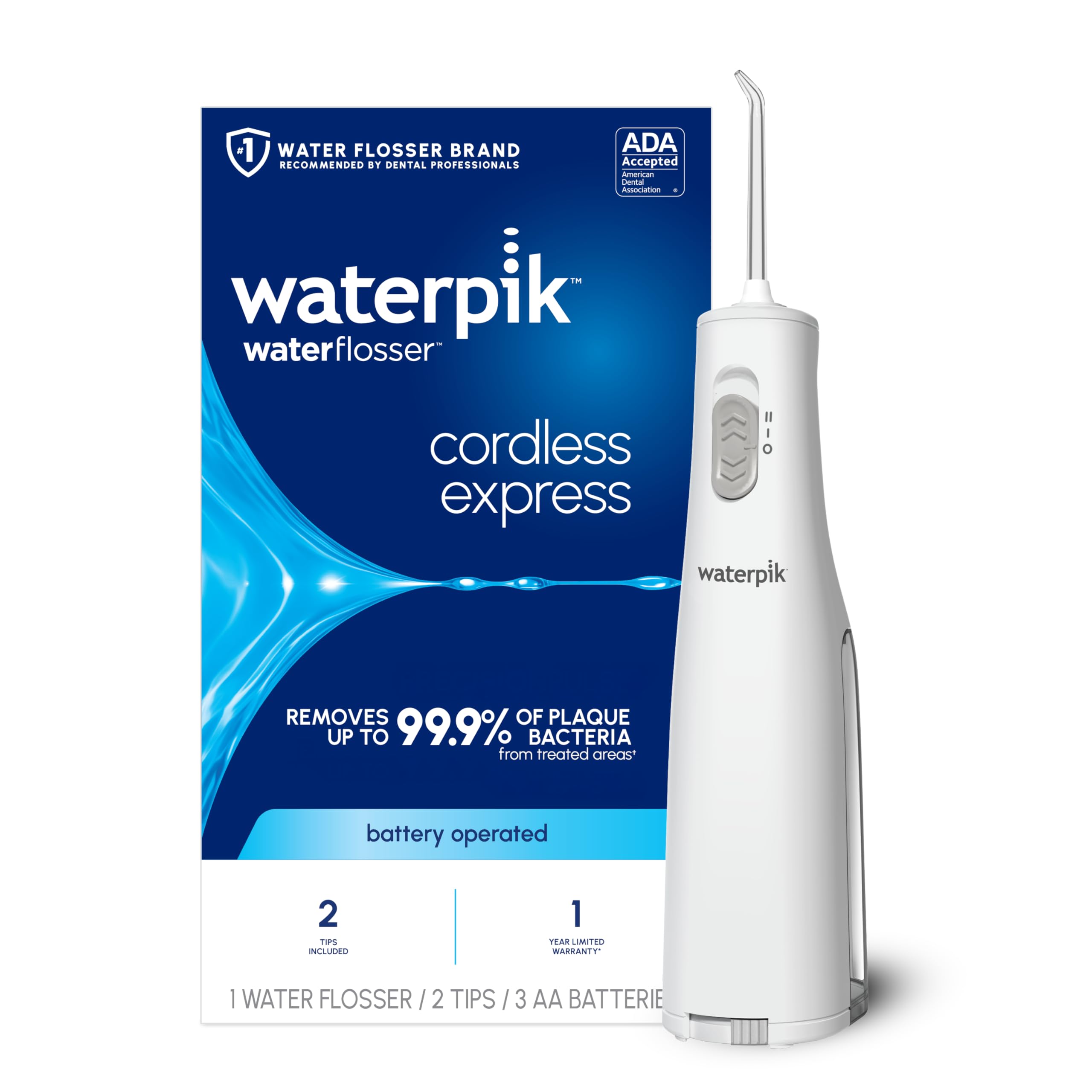 Photo 1 of Waterpik Cordless Express Water Flosser, Battery Operated & Portable for Travel & Home, ADA Accepted, Waterproof for Shower Use, White WF-02, Packaging May Vary