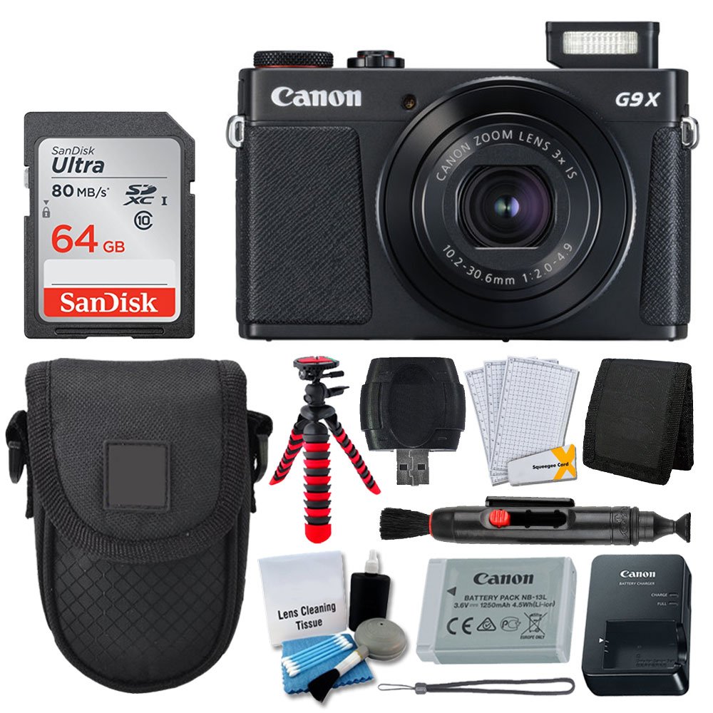 Canon PowerShot G9 X Mark II Digital Camera (Black) + SanDisk 64GB Memory Card + Point &amp; Shoot Case + Flexible Tripod + USB Card Reader + Cleaning Kit + LCD Screen Protectors - Deluxe Accessory Bundle