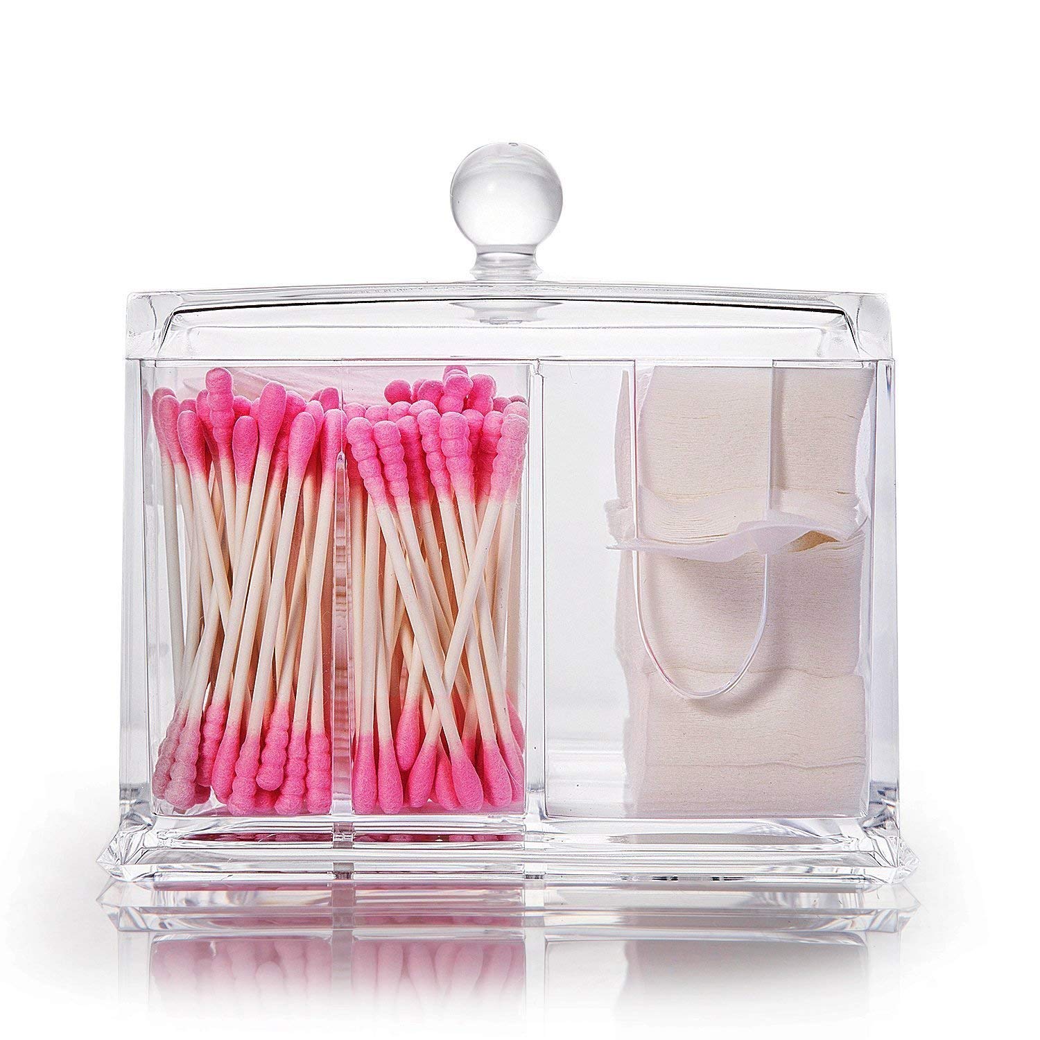 Nevsetpo Makeup Organizer Cotton Pads Holder Organizer Cosmetics Makeup Cotton Swab Holder Dispenser with 4 Sections Up to 100pcs Makeup Cotton Swabs